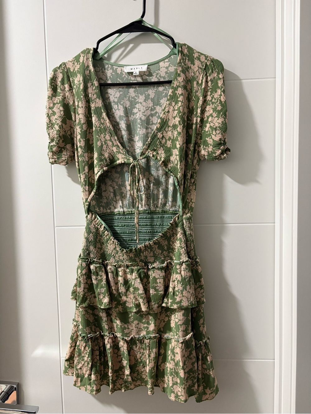 MABLE Green Floral Tie-Front Cutout Mini Dress
